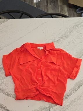 Bright Orange Button-Front Crop Shirt